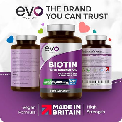 Biotin Hair Growth Supplement 12,000mcg with Coconut Oil | 400 High Strength Tablets EVO NUTRITIONBuy Supplements Australia