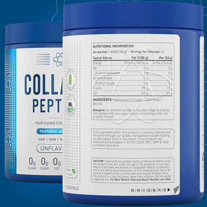 Applied Nutrition Collagen Peptides Powder - Hydrolysed Bovine Collagen Protein, Halal, Healthy Skin, Hair, Nails (Unflavoured) (300g - 15 Servings) Applied NutritionBuy Supplements Australia