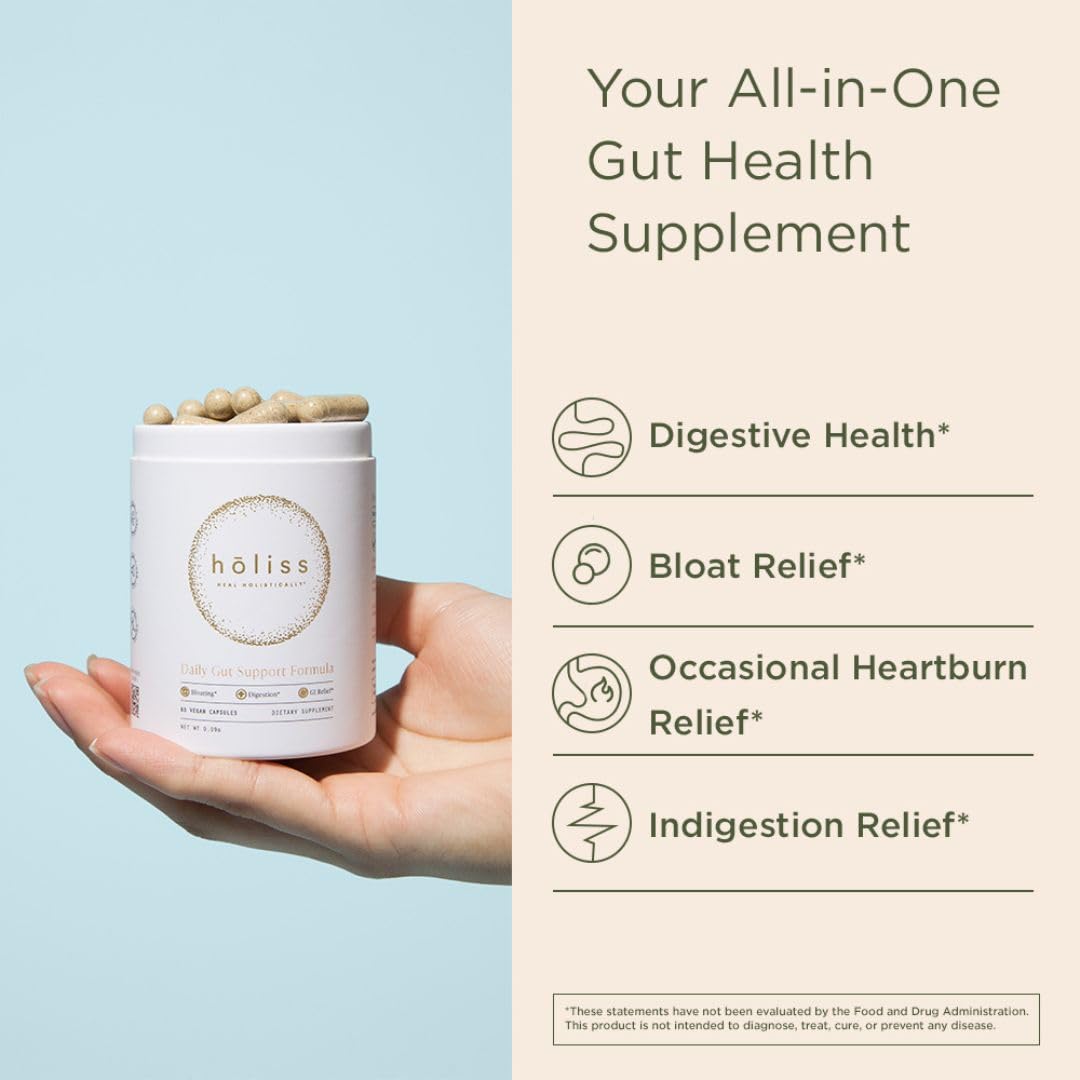HOLISS Daily Gut Health Capsules – 8-in-1 All Natural Supplement, Lemon Balm, Bloat & Gas Relief, GI Lining Repair,