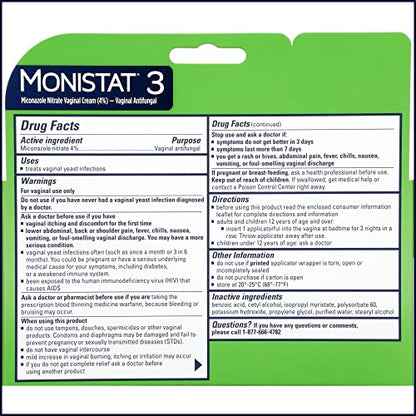 Monistat 3 Day Yeast Infection Treatment for Women, 3 Miconazole Pre-Filled Cream Applicators, 1 Pack MonistatBuy Supplements Australia