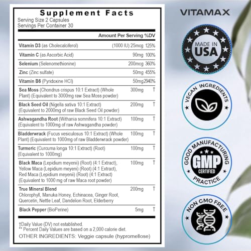 Sea Moss 3000mg Maca 1000mg Black Seed Oil 2000mg Ashwagandha 1000mg Bladderw VitamaxBuy Supplements Australia