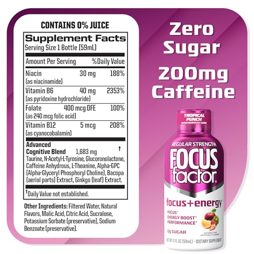 Focus Factor Focus + Energy Shots - 12 x 2oz Bottles (Tropical Punch Flavor) - Powered by Nootropics with Caffeine, L-Theanine, Ginkgo, Bacopa, L-Tyrosine, Alpha GPC Focus FactorBuy Supplements Australia