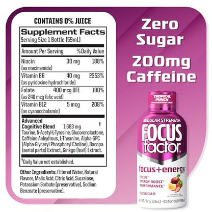 Focus Factor Focus + Energy Shots - 12 x 2oz Bottles (Tropical Punch Flavor) - Powered by Nootropics with Caffeine, L-Theanine, Ginkgo, Bacopa, L-Tyrosine, Alpha GPC Focus FactorBuy Supplements Australia