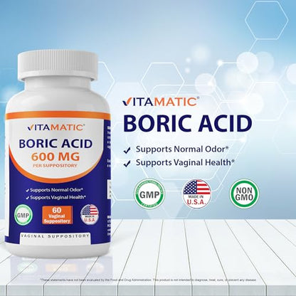 Vitamatic Boric Acid Vaginal Suppositories 600 mg USP Grade Boric Acid in Vegetarian Capsule Shell - 60 Count VitamaticBuy Supplements Australia