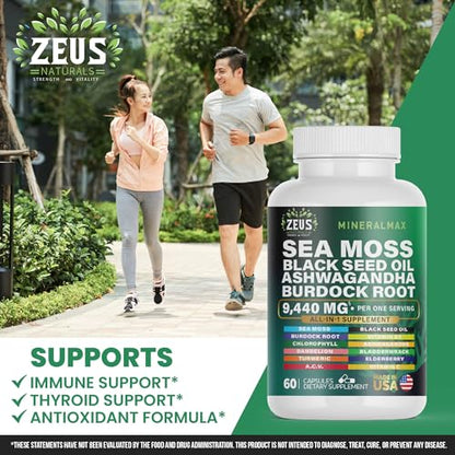 Sea Moss Capsules with Black Seed Oil, Burdock Root, Bladderwrack, Turmeric, Ashwagan Zeus NaturalsBuy Supplements Australia