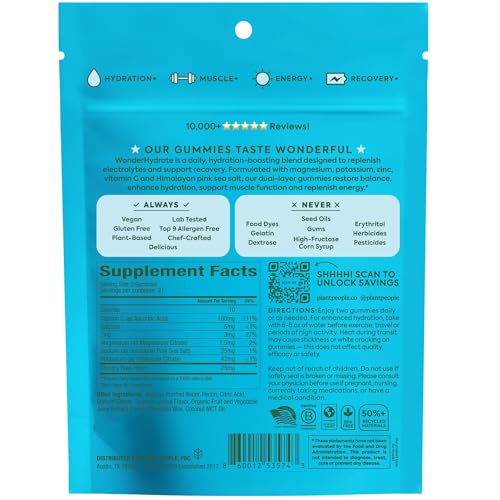Plant People WonderHydrate Electrolyte Gummies – Vegan Hydration Supplement with Magnesium, Potassium, Zinc, Vitamin C & Himalayan Sea Salt – Zero Sugar Lychee (42 Count) Plant PeopleBuy Supplements Australia