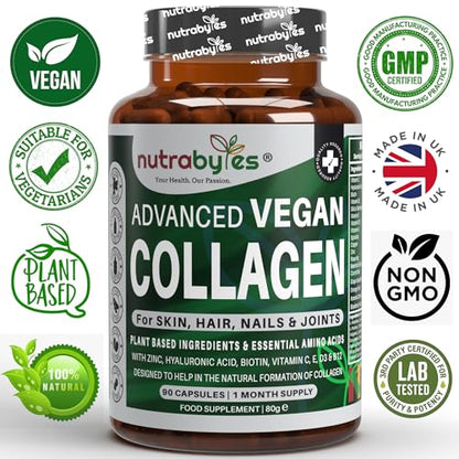 Vegan Collagen Supplement For Skin, Hair, Nails, Joints & Bones with Hyaluronic Acid, Biotin, Lysine, Bamboo Silica, Zinc, Vitamin C, D3, B12, E NUTRABYTESBuy Supplements Australia