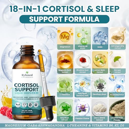 Cortisol Supplements for Women & Men, 18 in 1 Stress & Mood Support Drops with Magnesium 480mg, GABA, Ashwagandha, L-Theanine & Phosphatidylserine, for Relaxation & Sleep, Lemon Raspberry Flavor 60mL RylaxedBuy Supplements Australia