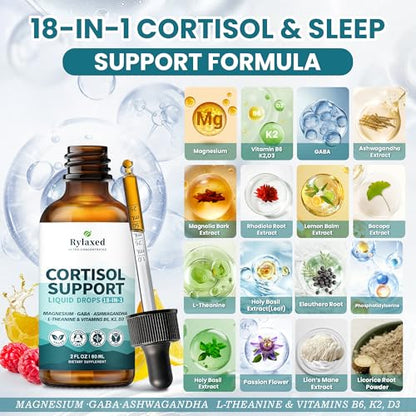 Cortisol Supplements for Women & Men, 18 in 1 Stress & Mood Support Drops with Magnesium 480mg, GABA, Ashwagandha, L-Theanine & Phosphatidylserine, for Relaxation & Sleep, Lemon Raspberry Flavor 60mL RylaxedBuy Supplements Australia