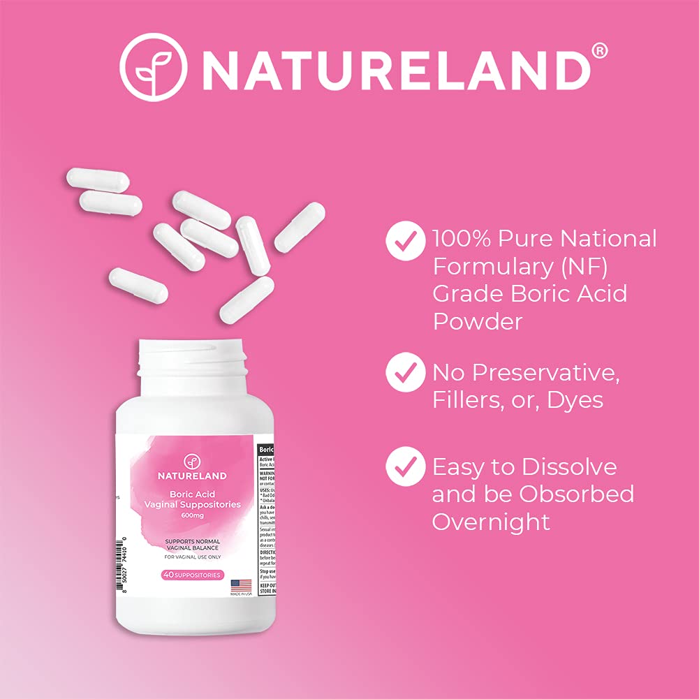 Natureland Boric Acid Suppositories for Women - 600mg, 40 Count - Made in USA - Feminine Care for pH Balance & Odor Control - Unscented Intimate Health Support NaturelandBuy Supplements Australia