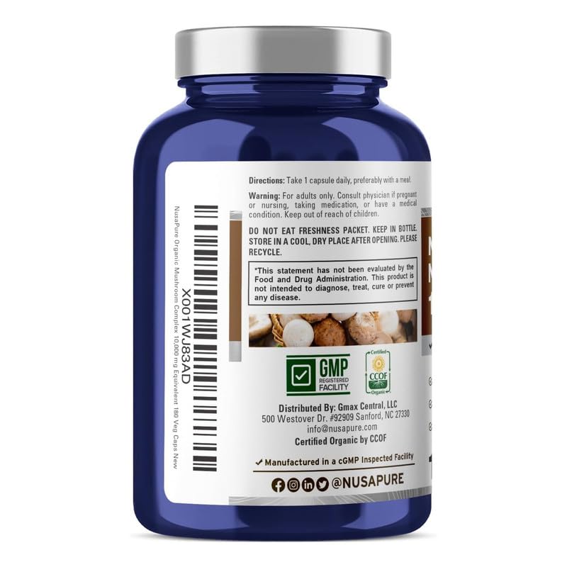 NusaPure Organic Mushroom Complex 10,000mg per Capsule, 180 Veggie Caps, Non-GMO, Enoki, Turkey Tail, Reishi, Chaga, Maitake NusaPureBuy Supplements Australia