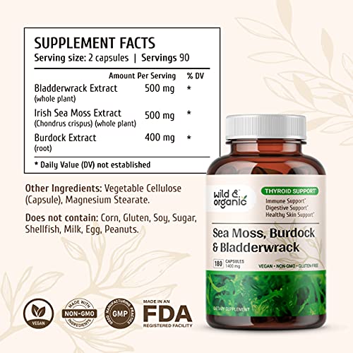 Sea Moss Capsules - 180 Caps Wildcrafted Irish Moss, Burdock Root & Bladderwrack Wild & OrganicBuy Supplements Australia