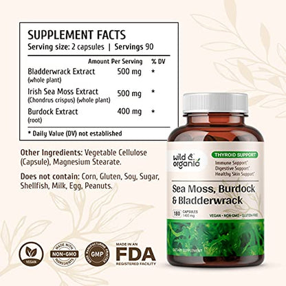 Sea Moss Capsules - 180 Caps Wildcrafted Irish Moss, Burdock Root & Bladderwrack Wild & OrganicBuy Supplements Australia