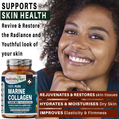 High Strength Marine Collagen Capsules - 1250mg Hydrolysed Collagen Supplement NUTRABYTESBuy Supplements Australia