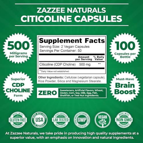 Zazzee Extra Strength Citicoline CDP Choline, 500 mg per Serving, 100 Vegan Capsules ZazzeeBuy Supplements Australia