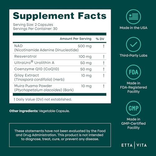 Liposomal NAD+ Supplement - Resveratrol, Urolithin A, CoQ10 & Muira Puama (Made in USA) NAD Supplement for Natural Energy, Brain Fog, Digestion, Detox, Gut Health, Microbiome, NR NMN Replacement Etta VitaBuy Supplements Australia