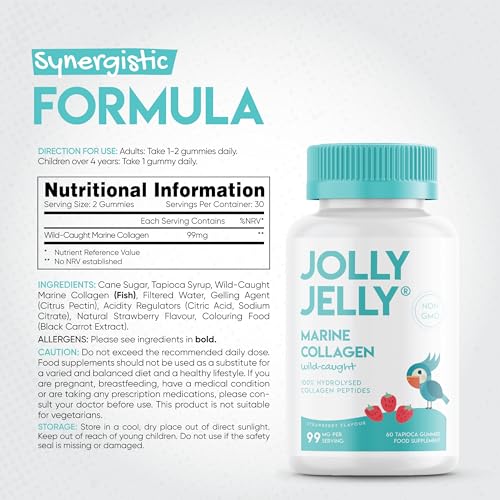 Marine Collagen Gummies by Jolly Jelly® - Wild-Caught Marine Collagen Tapioca Gummies - Type 1 Hydrolysed Collagen - Strawberry Flavour - 60 Gummies. JOLLY JELLYBuy Supplements Australia