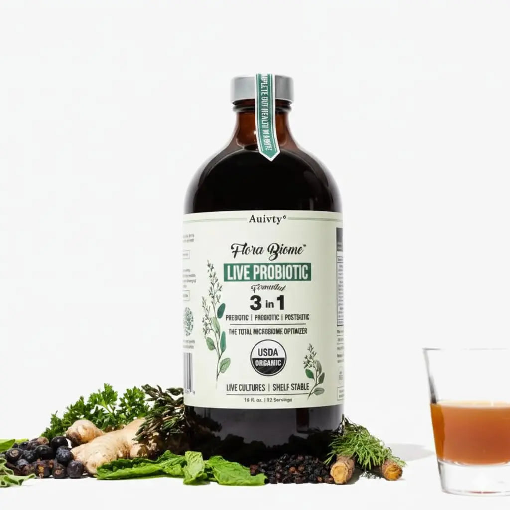 Auivty Flora Biome Live Probiotic Liquid, 3-in-1 Probiotic + Prebiotic + Postbiotic, 30 Billion CFU (at Time of Manufacture), 10 Strains, Fermented Herbal Blend with 18 Herbs, Shelf Stable, 16 fl oz AuivtyBuy Supplements Australia