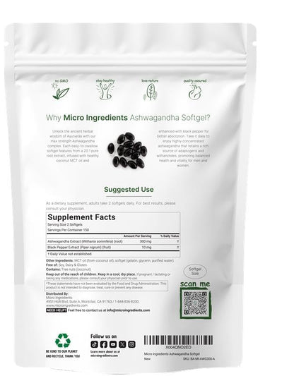 Micro Ingredients Ashwagandha Supplements | 300 Coconut MCT Oil Softgels with Black Pepper for Better Absorption | Potent Root Extract | Non-GMO Micro IngredientsBuy Supplements Australia