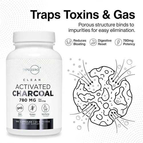 Type Zero Activated Charcoal Capsules (180 Count) - 60 Servings, 780mg Per Serving, from Coconut Shell, Non-GMO, Gluten-Free Type ZeroBuy Supplements Australia