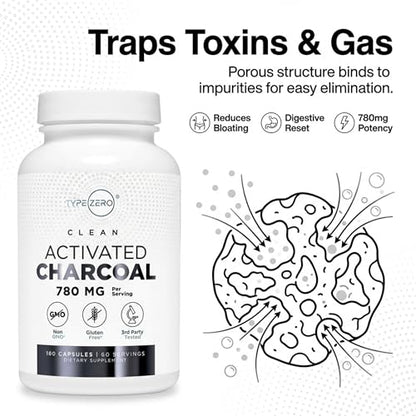 Type Zero Activated Charcoal Capsules (180 Count) - 60 Servings, 780mg Per Serving, from Coconut Shell, Non-GMO, Gluten-Free Type ZeroBuy Supplements Australia