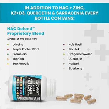 NAC Supplement N-Acetyl Cysteine 1000mg Vitamin D3 K2 Zinc Quercetin