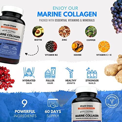 Marine Collagen 1400mg | 120 Capsules with Biotin, Hyaluronic Acid, Vitamin C, E, B2, Zinc, Copper & Iodine Miracle GreensBuy Supplements Australia