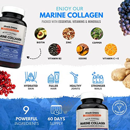 Marine Collagen 1400mg | 120 Capsules with Biotin, Hyaluronic Acid, Vitamin C, E, B2, Zinc, Copper & Iodine Miracle GreensBuy Supplements Australia