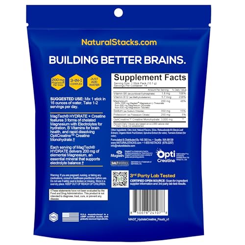 NATURAL STACKS Magtech Magnesium Hydrate + Creatine - Sugar Free Electrolyte Drink - Magtein Magnesium L-Threonate, Glycinate & Taurate - Supports Hydration & Cellular Energy - 14 Hydration Packets NATURAL STACKSBuy Supplements Australia