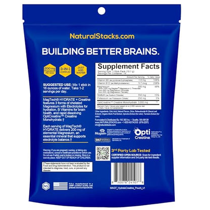 NATURAL STACKS Magtech Magnesium Hydrate + Creatine - Sugar Free Electrolyte Drink - Magtein Magnesium L-Threonate, Glycinate & Taurate - Supports Hydration & Cellular Energy - 14 Hydration Packets NATURAL STACKSBuy Supplements Australia