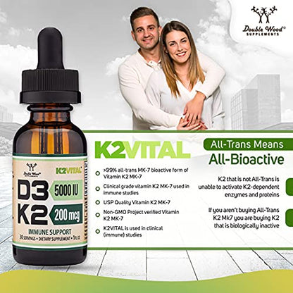 Vitamin D3 K2 5,000 IU Liquid Drops (5,000 IU of D3 and 200mcg of 99.9% All-Trans Double Wood SupplementsBuy Supplements Australia