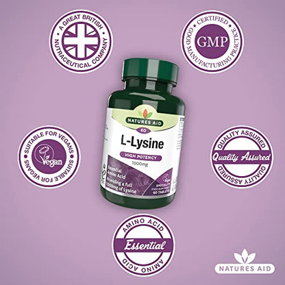Natures Aid L-Lysine 1000 mg, High Potency Essential Amino Acid, Vegan, 60 Tablets natures aidBuy Supplements Australia