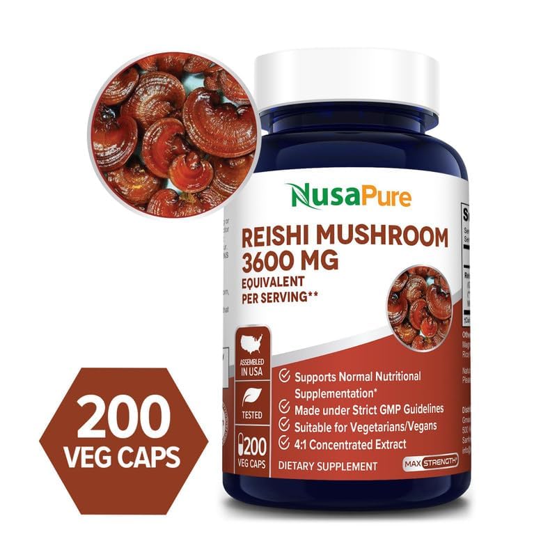 NusaPure Reishi Mushroom 4:1 Extract, 900 mg Equivalent to 3,600mg per Capsule 200 Veggie Caps Vegan, Non-GMO, Gluten-Free NusaPureBuy Supplements Australia