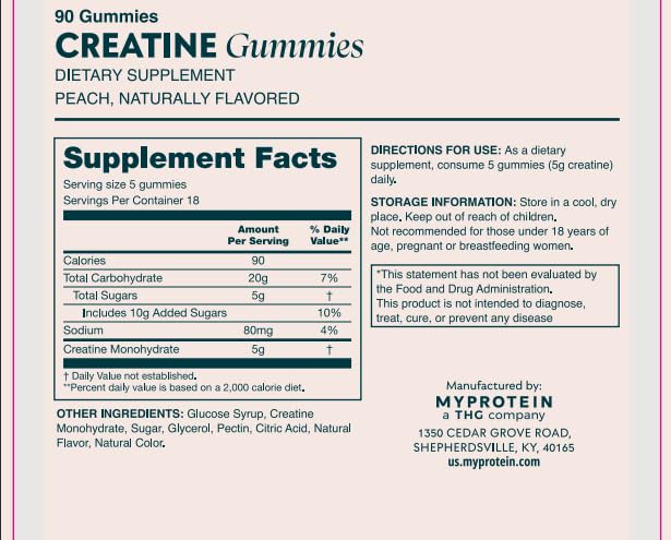 Myprotein Creatine Gummies, 5g Creatine Monohydrate per Serving, Peach, 90 Count, 18 Servings, Chewable Post/Pre Workout Strength & Recovery Sports Nutrition Supplement, Vegan, Non-GMO MyproteinBuy Supplements Australia