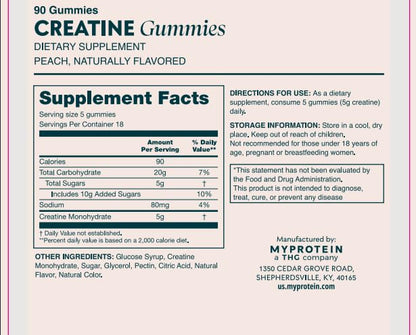Myprotein Creatine Gummies, 5g Creatine Monohydrate per Serving, Peach, 90 Count, 18 Servings, Chewable Post/Pre Workout Strength & Recovery Sports Nutrition Supplement, Vegan, Non-GMO MyproteinBuy Supplements Australia
