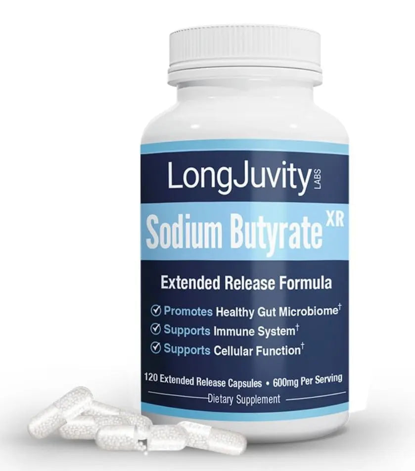 LongJuvity Sodium Butyrate Supplement (300mg) - Optimal Gut Health for Men & Women - Digestion Support & Leaky Gut Repair - Postbiotic Short Chain Fatty Acid, Lab Tested (120 Extended Release Caps) LongJuvity LabsBuy Supplements Australia