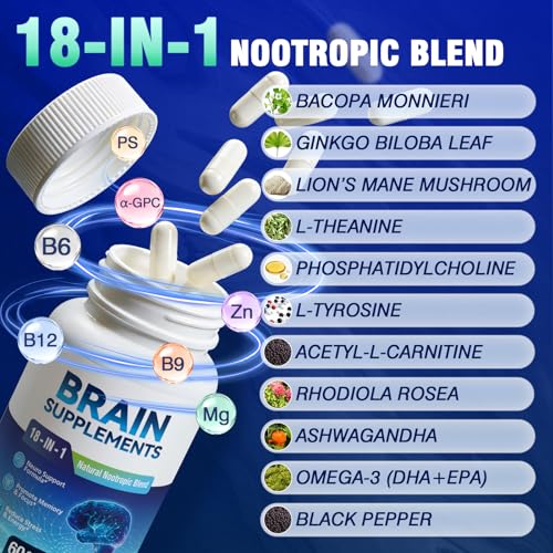 18-in-1 Brain Supplement for Memory and Focus – Nootropic Capsules with Alpha GPC, Bacopa, Ginkgo Biloba, Lion's Mane, Vitamin B6 & B12 | Cognitive Health, Mental Clarity | Vegan, Non-GMO FenolutraBuy Supplements Australia
