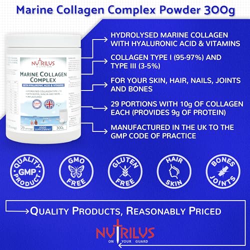 Hydrolysed Marine Collagen Powder 300g with Hyaluronic Acid and Vitamins - 29 Servings NutrilusBuy Supplements Australia