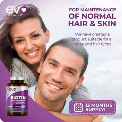 Biotin Hair Growth Supplement 12,000mcg with Coconut Oil | 400 High Strength Tablets EVO NUTRITIONBuy Supplements Australia