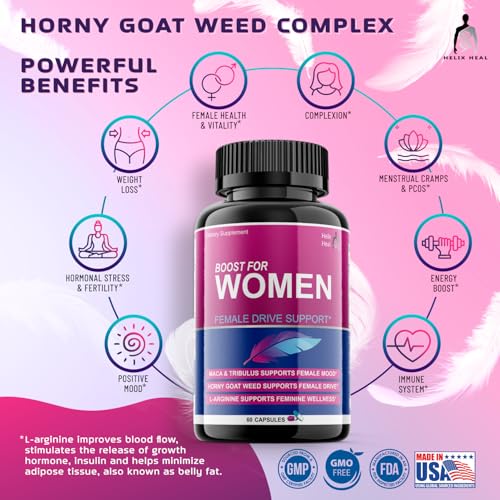 Helix Heal Libido Booster for Women Fast Acting with Horny Goat Weed - Female Desire Pills with Maca Root, Tribulus Terrestris, Ginseng and Hornygoatweed Women - Hormone Balance, Made in USA (60 ct) Helix HealBuy Supplements Australia