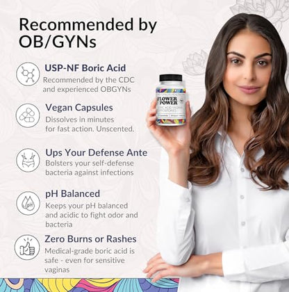 Flower Power Vegan Boric Acid Suppositories - 30 Capsules - 600mg for Vaginal Odor and pH Balance Flower PowerBuy Supplements Australia
