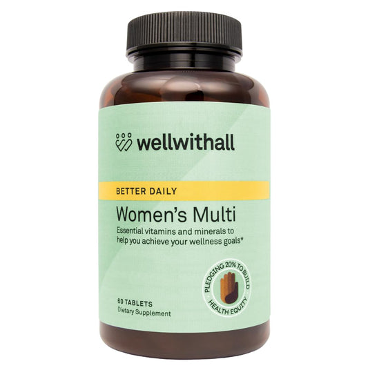Bottle of wellwithall Women's Multi vitamins on a white background