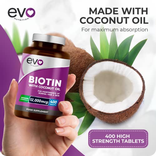 Biotin Hair Growth Supplement 12,000mcg with Coconut Oil | 400 High Strength Tablets EVO NUTRITIONBuy Supplements Australia