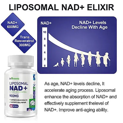 inGreens 900mg Liposomal NAD+ Supplement with 300mg Trans Resveratrol - Superior Absorption, Replaces NMN, Boost NAD+ for DNA Repair, Energy & Longevity, Aging Defense, 60 Softgels inGreensBuy Supplements Australia