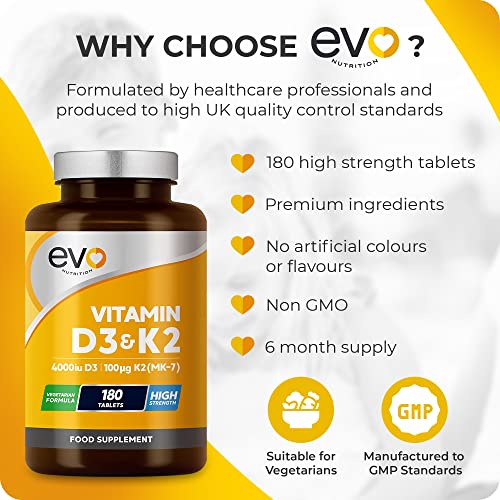 Vitamin D3 4000iu & Vitamin K2 100ug (MK7) |180 Vegetarian Tablets | 1-A-Day | 6 Month EVO NUTRITIONBuy Supplements Australia