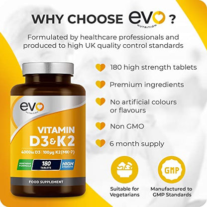 Vitamin D3 4000iu & Vitamin K2 100ug (MK7) |180 Vegetarian Tablets | 1-A-Day | 6 Month EVO NUTRITIONBuy Supplements Australia