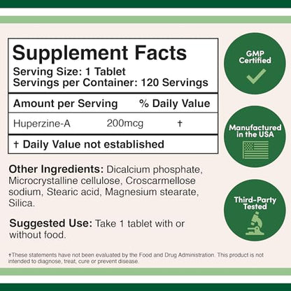 Huperzine A 200mcg (Third Party Tested) Manufactured in The USA, 120 Tablets, Brain Double Wood SupplementsBuy Supplements Australia