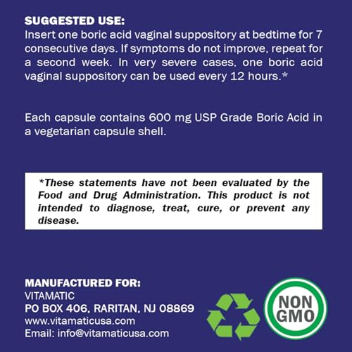 Vitamatic Boric Acid Vaginal Suppositories 600 mg USP Grade Boric Acid in Vegetarian Capsule Shell - 60 Count VitamaticBuy Supplements Australia