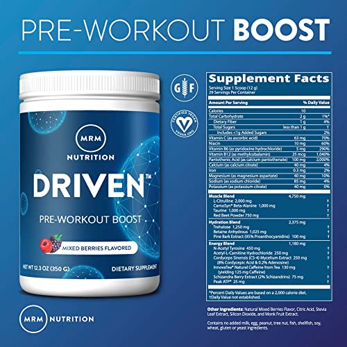 MRM Nutrition Driven Pre-Workout Powder | Mixed Berry Flavored | 125mg Caffeine | Pure MRMBuy Supplements Australia