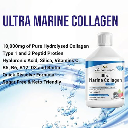 Marine Collagen Liquid 10000mg Sugar Free Berry Flavour, Hydrolysed Peptides, Hyaluronic Acid, Biotin, Silica, Vitamin C, Healthy Skin PharmanostixBuy Supplements Australia